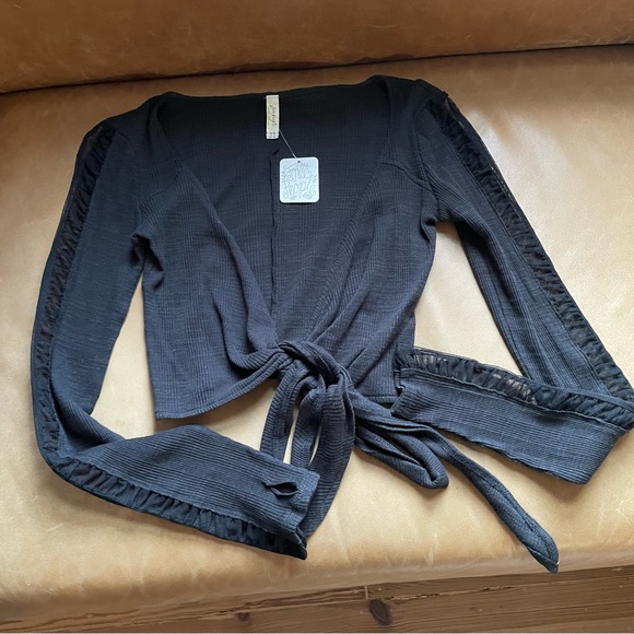 NWT Free People Nevermind Crop Wrap Top thumb holes mesh ballet We the Free - Picture 3 of 13